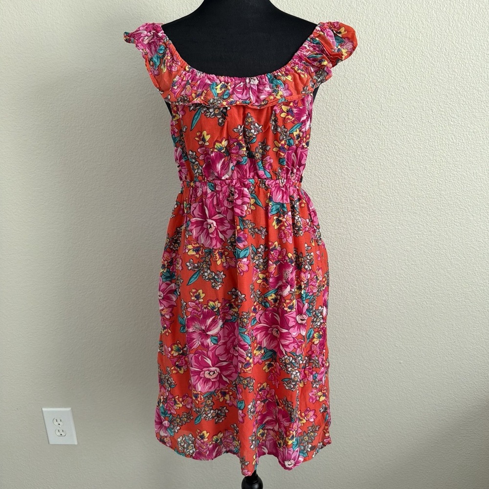 Roxy Large Dress Floral Peasant Cottagecore Boho Smocked Waist Midi Silk Cotton